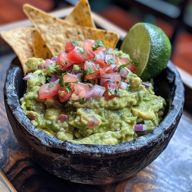 Photo a bowl of guacamole with chips and a tortilla