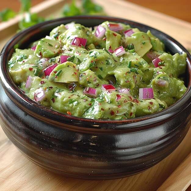 Foto ciotola di guacamole con cipolle rosse e cilantro generativo ai