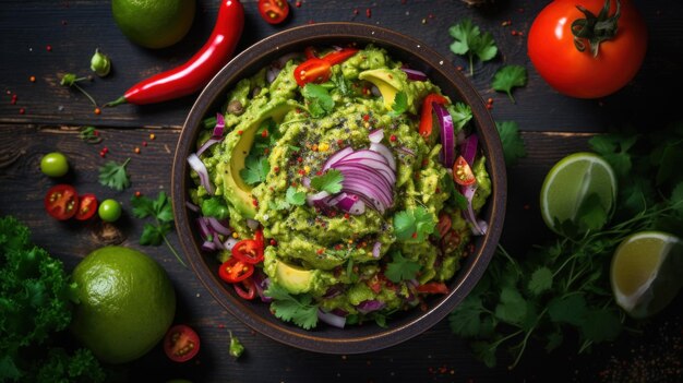A bowl of guacamole with red onions and tomatoes ai