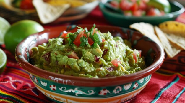 Photo bowl of guacamole with tortilla chips