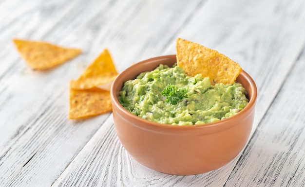 Photo bowl of guacamole with tortilla chips