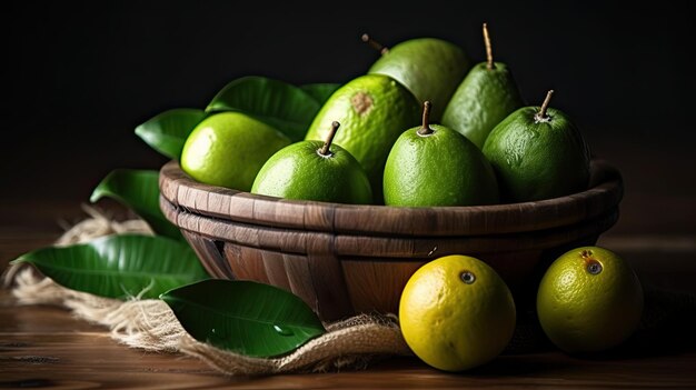 A bowl of guavas sits on a table with leaves on the table.