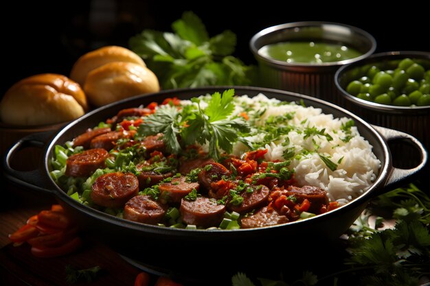 Foto una ciotola di gumbo con un mix saporito di riso gombo, gamberetti e salsiccia e salsa piccante a base di roux