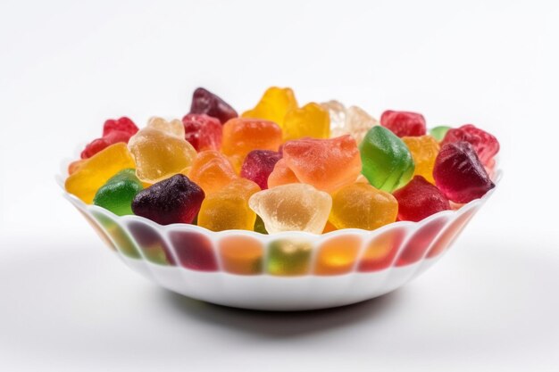 A bowl of gummy bears is filled with different colors.