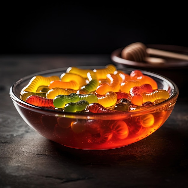 A bowl of gummy worms is filled with jelly.