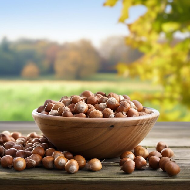 A bowl of hazelnuts on wooden table