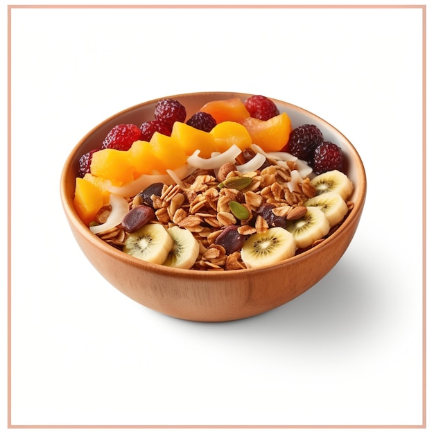 Bowl of healthy food with fresh fruits nuts and seeds