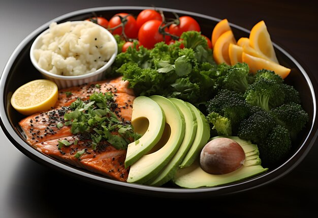 Bowl of healthy food with salmon avocado and vegetables on table