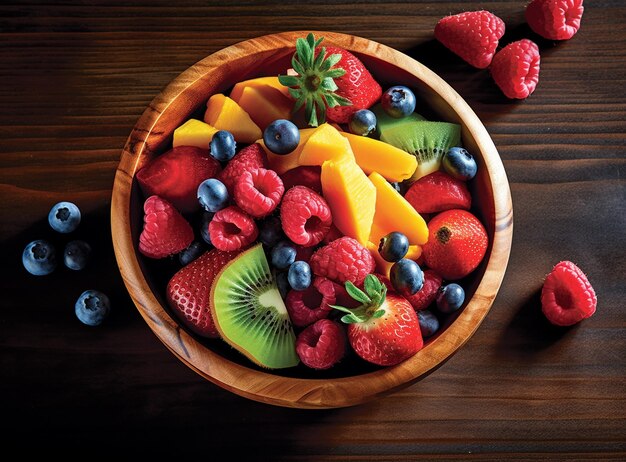 Photo bowl of healthy fresh fruit salad on wooden background top view