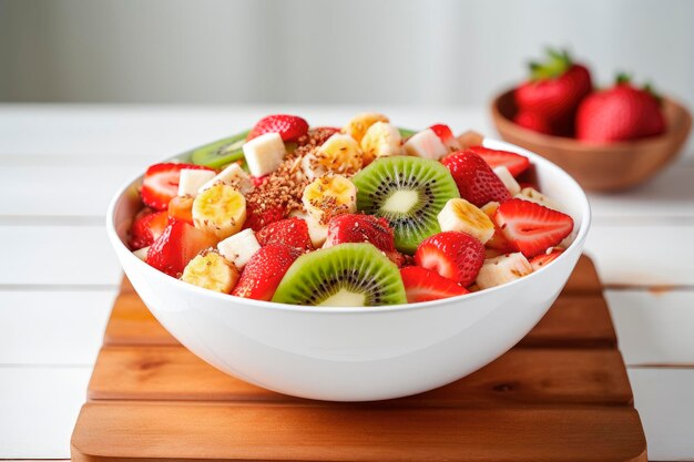 Photo bowl of healthy fresh fruit salad on wooden table background