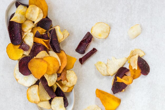 Bowl of Healthy Snack from Vegetable Chips such as Sweet Potato