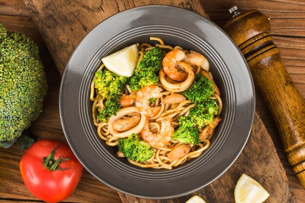 A bowl of hearty seafood noodles