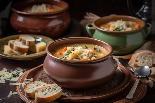 Bowl of hearty soup with croutons and cheese for garnish created with generative ai