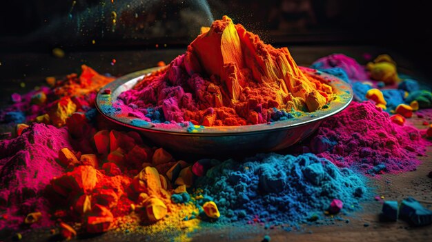 A bowl of holi powder is surrounded by a bowl of colors.