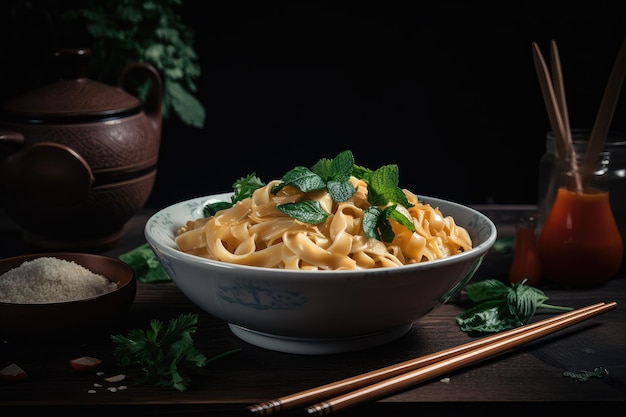 Bowl of homemade noodles topped with freshly made sauce and herbs