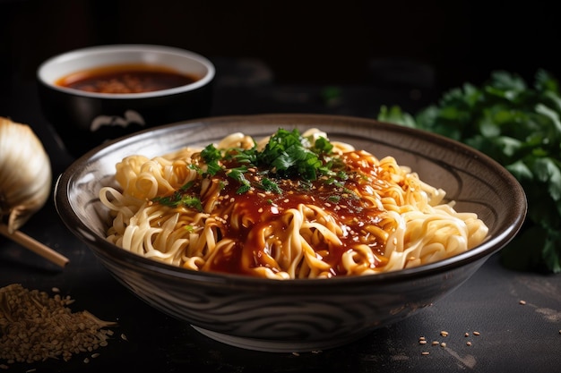 Bowl of homemade noodles topped with freshly made sauce and herbs