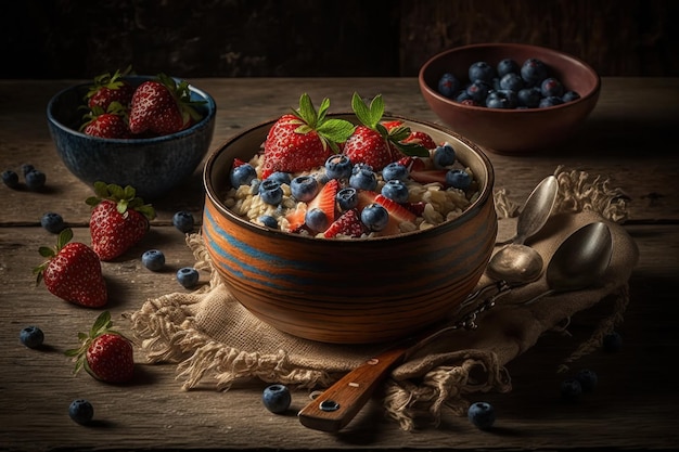 Foto ciotola di porridge di avena fatto in casa con mirtilli freschi e fragole