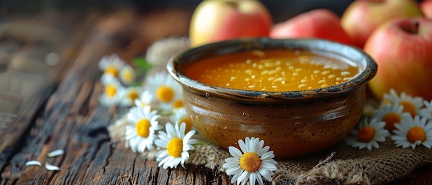 Photo a bowl of honey apples and daisies on a sackcloth
