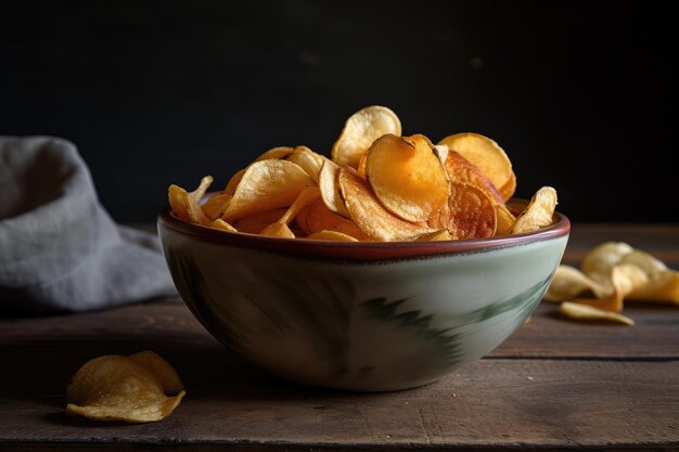 Bowl of hot and crispy potato chips perfect for snacking