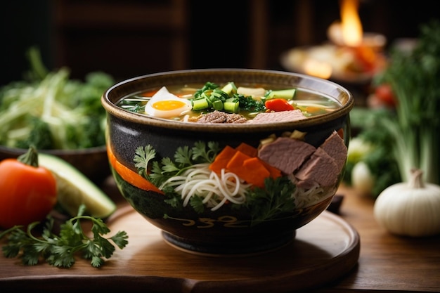 A bowl of hot japanese soup with various vegetables and meat ar c