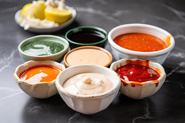 Bowl of hot sauce with options for dip and drizzle created with generative ai