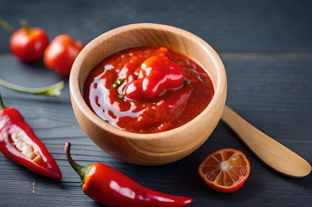 a bowl of hot sauce with peppers and a wooden spoon.