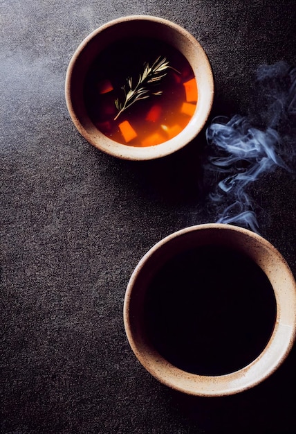 Bowl of hot steam of hot soup with smoke black ceramic bowl on\
dark background hot food culinary