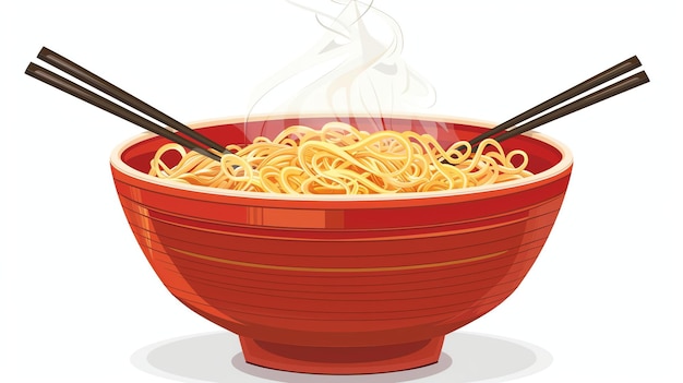 Photo a bowl of hot steaming noodles with chopsticks the noodles are yellow and the bowl is red the chopsticks are black the background is white