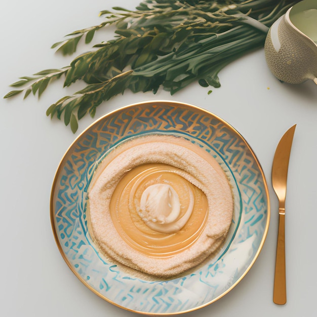 A bowl of hummus sits next to a fork and spoon.