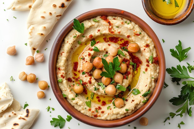 A bowl of hummus with garnish and garnish on top of it next to pita bread a stock photo hurufiyya