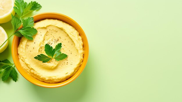 Bowl of hummus with greens on simple background with copy space