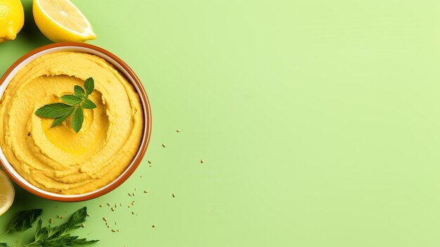 Bowl of hummus with greens on simple background with copy space