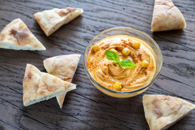 A bowl of hummus with pita slices