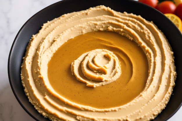 A bowl of hummus with a red tomato in the background.