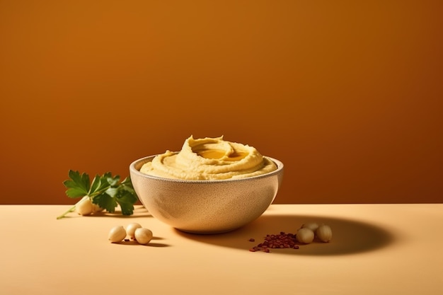 Bowl of hummus with spices and olive oil on yellow table and orange background