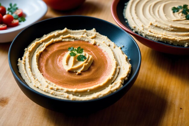 A bowl of hummus with a sprig of parsley on top.