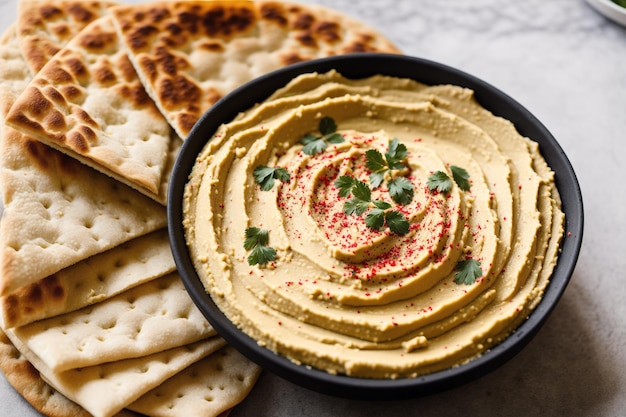 A bowl of hummus with a sprig of parsley on top.