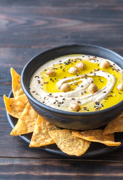 Bowl of hummus with tortilla chips