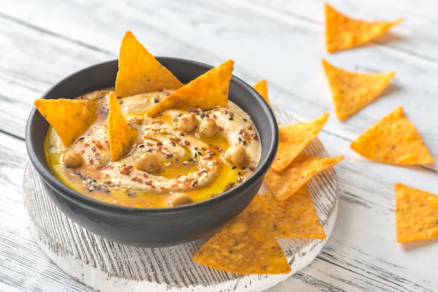 Bowl of hummus with tortilla chips