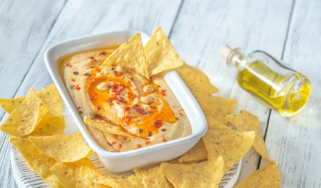 Bowl of hummus on the wooden table