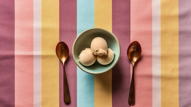 A bowl of ice cream sits on a striped tablecloth with gold spoons