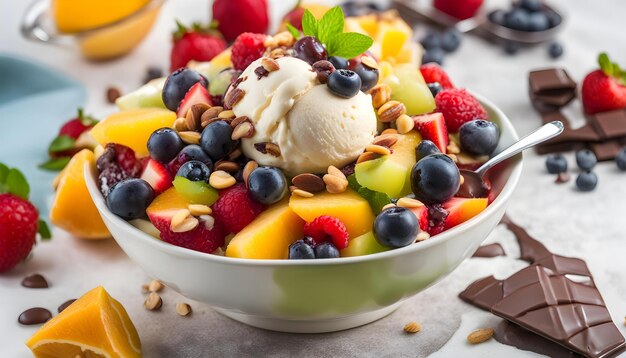 Photo a bowl of ice cream with berries and a spoon