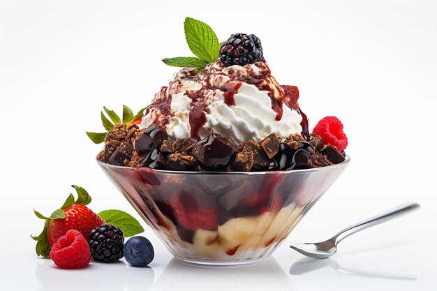 a bowl of ice cream with berries and a spoon.