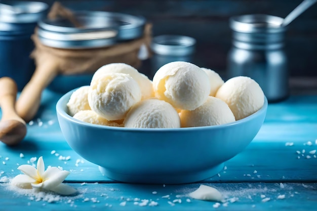 Photo a bowl of ice cream with a blue bowl of ice cream.