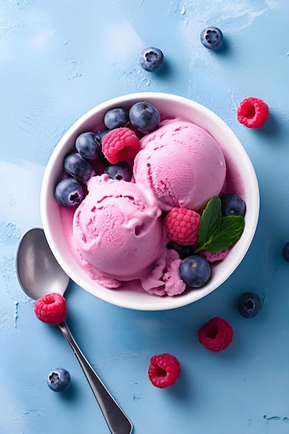 A bowl of ice cream with blueberries on a blue background.