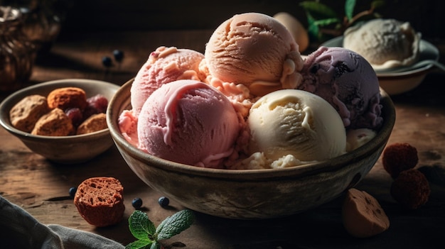 A bowl of ice cream with blueberries on the side