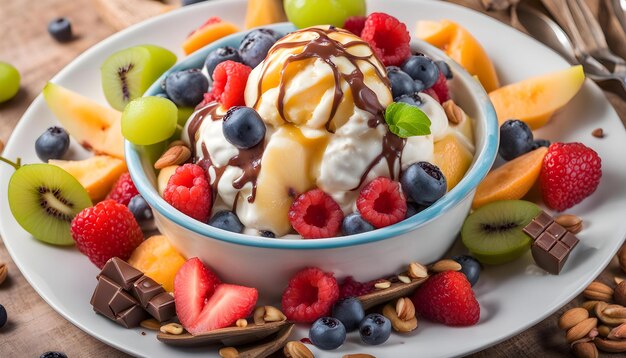 Photo a bowl of ice cream with a bowl of ice cream and fruit