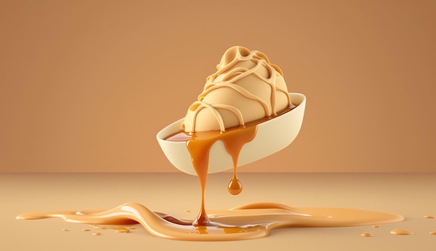 A bowl of ice cream with caramel sauce on it