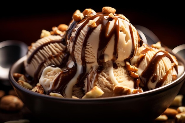 Photo a bowl of ice cream with caramel sauce and nuts.