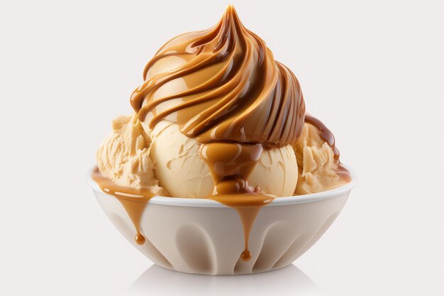 A bowl of ice cream with caramel sauce on top.